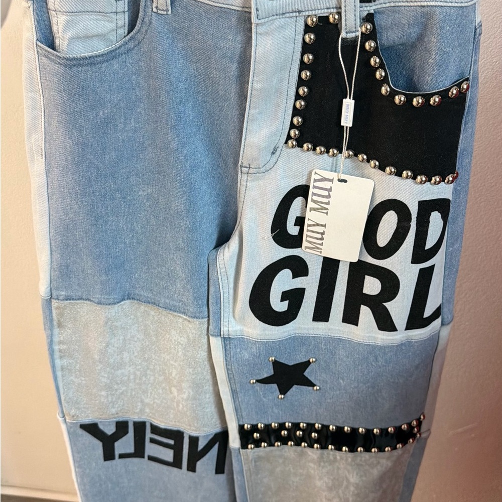 Trendy Patchwork Flare Jeans with Studded Accents